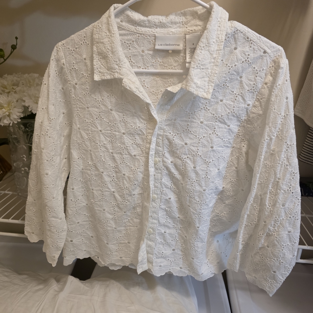 Lace Eyelet Button-Up Blouse